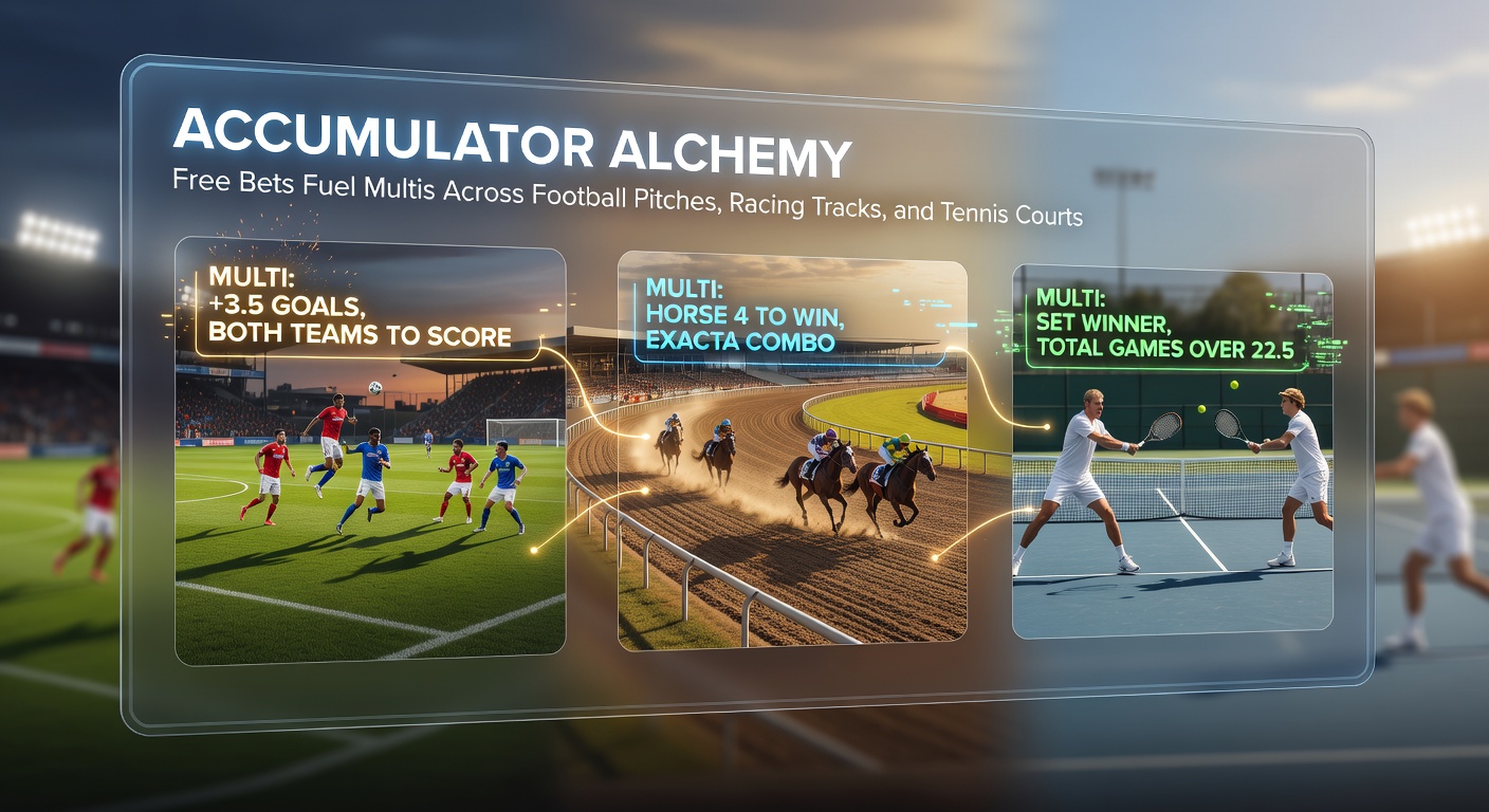 Dynamic collage of galloping horses on a racetrack intertwined with tennis ball trajectories and football goals, highlighted by cascading free bet icons and payout arrows