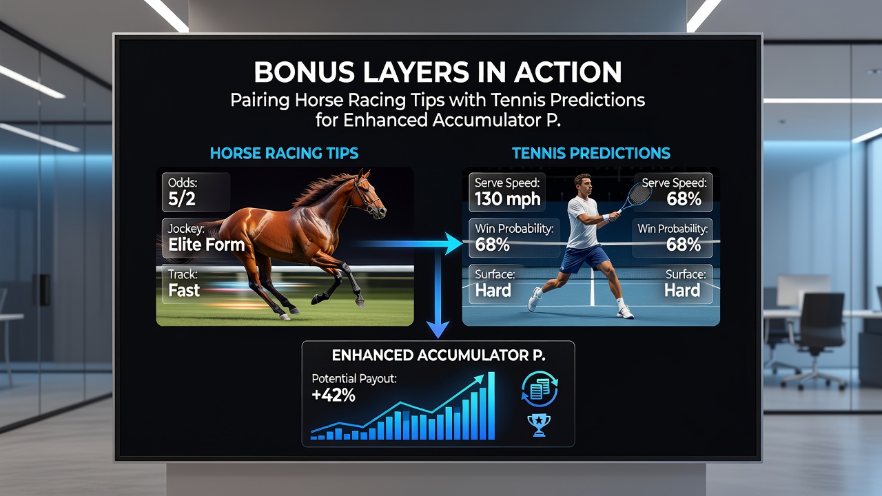 Accumulator betting slip showing horse racing and tennis selections with bonus indicators