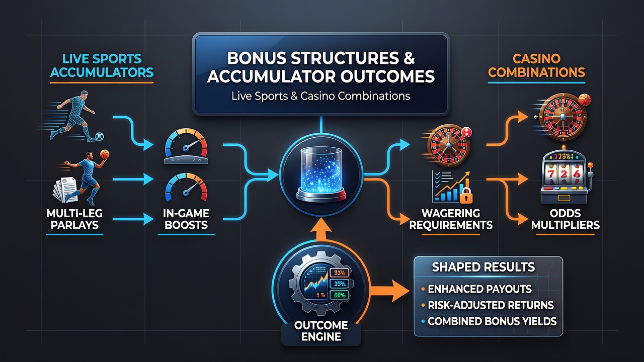 Diagram showing how bonus multipliers and free bet credits interact within combined sports and casino accumulator bets