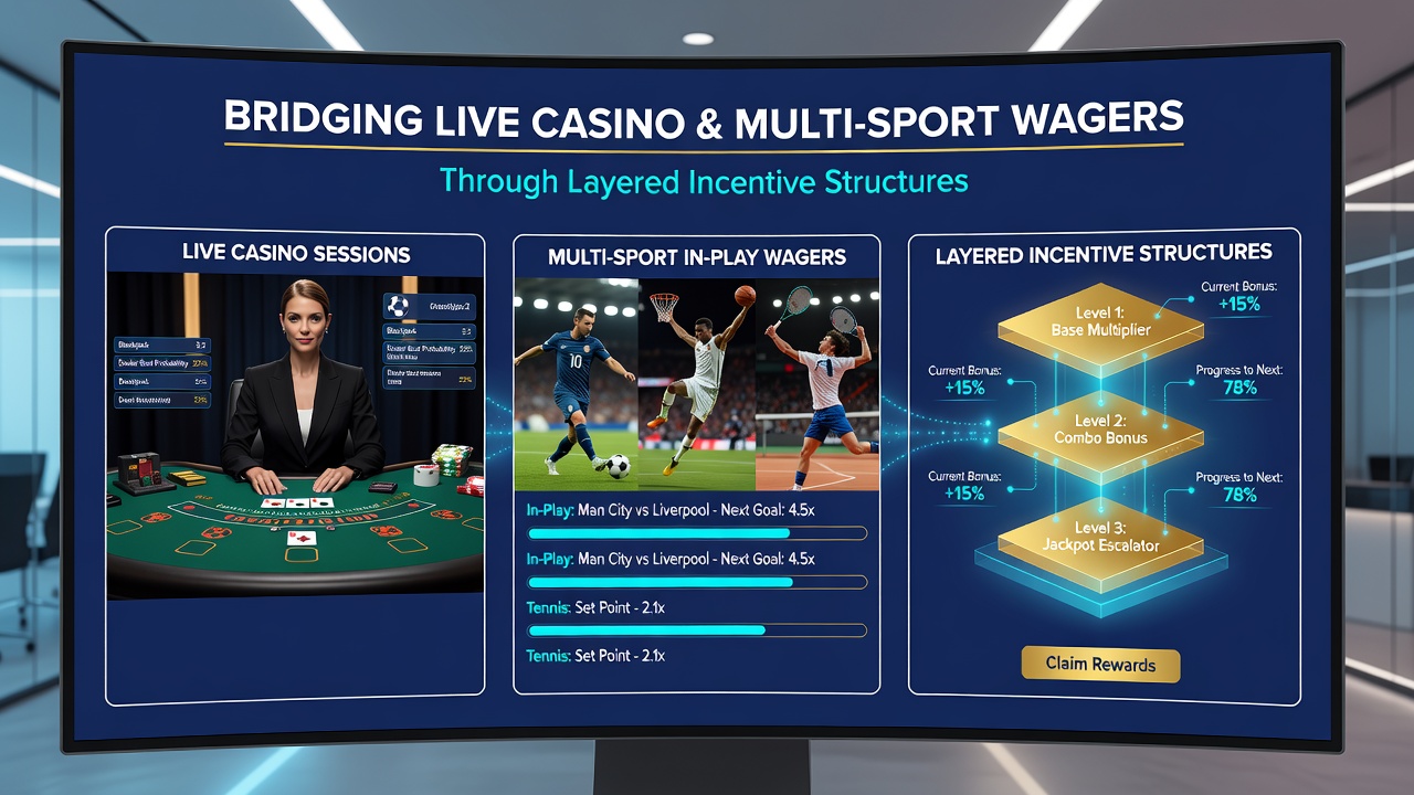 Screenshot-style view of a betting app displaying layered bonus progress bars alongside live casino tables and in-play sports odds