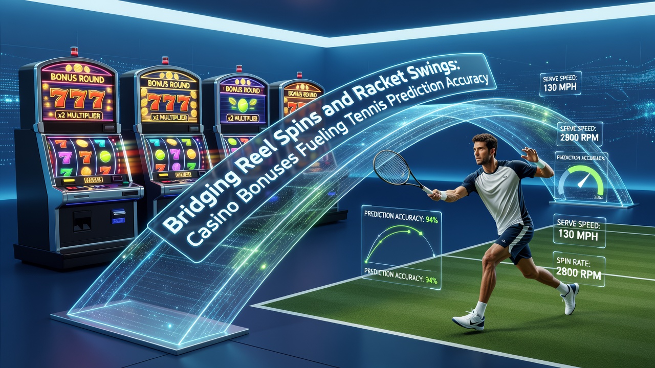 Tennis player preparing a serve while digital casino interface displays bonus balance and prediction metrics on screen