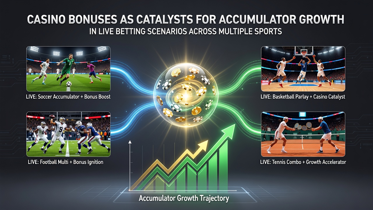 Live accumulator bets across tennis, football, and basketball shown with casino bonus overlays on betting dashboards