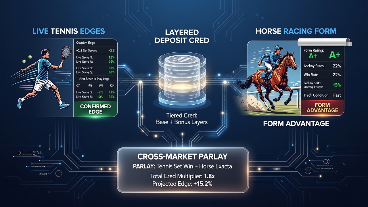 Example interface showing layered deposit credits applied to tennis and racing accumulator bets