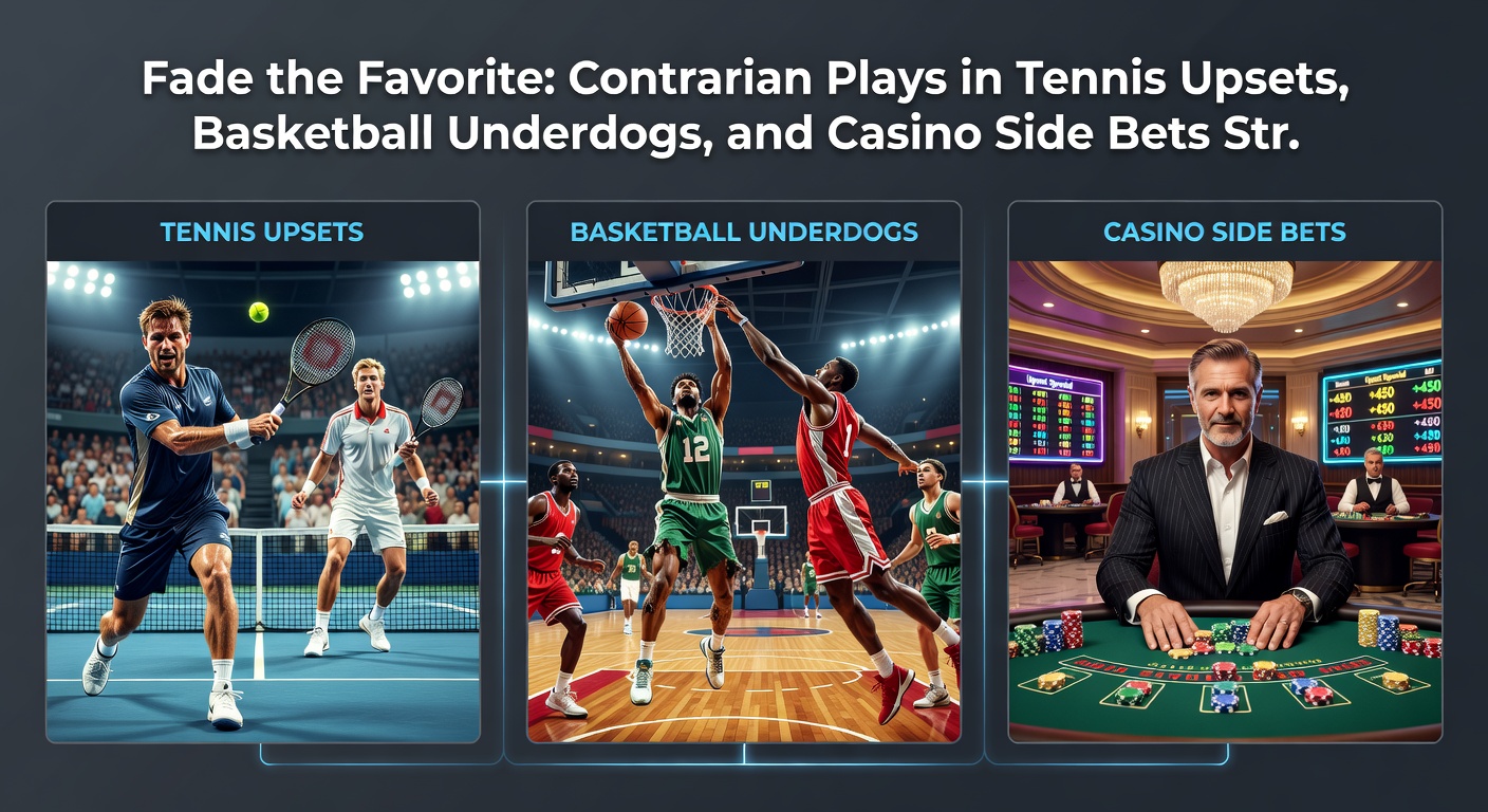 Basketball underdog dunking over favorite defender, overlaid with tennis racket and casino chips