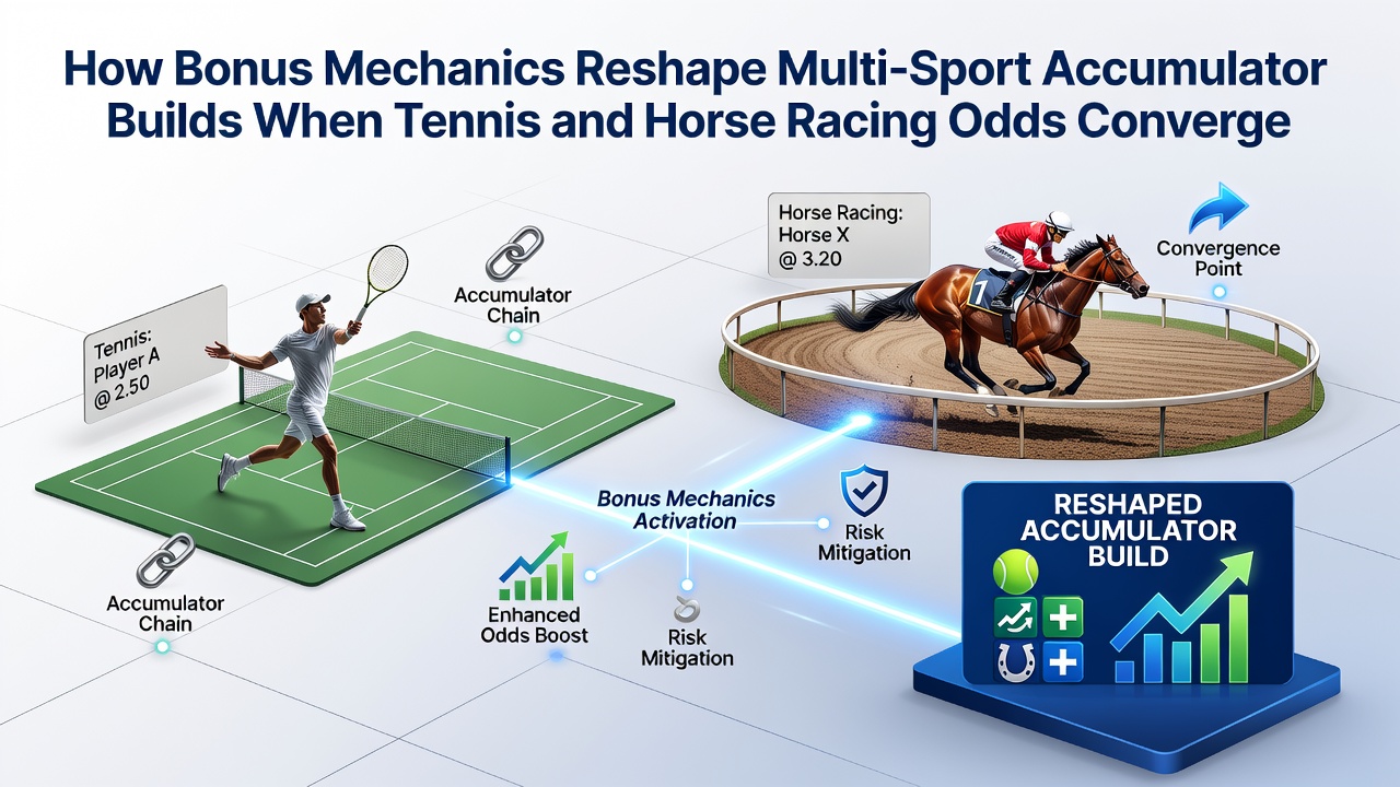 Split screen showing live tennis odds converging with horse racing tote board and accumulator slip