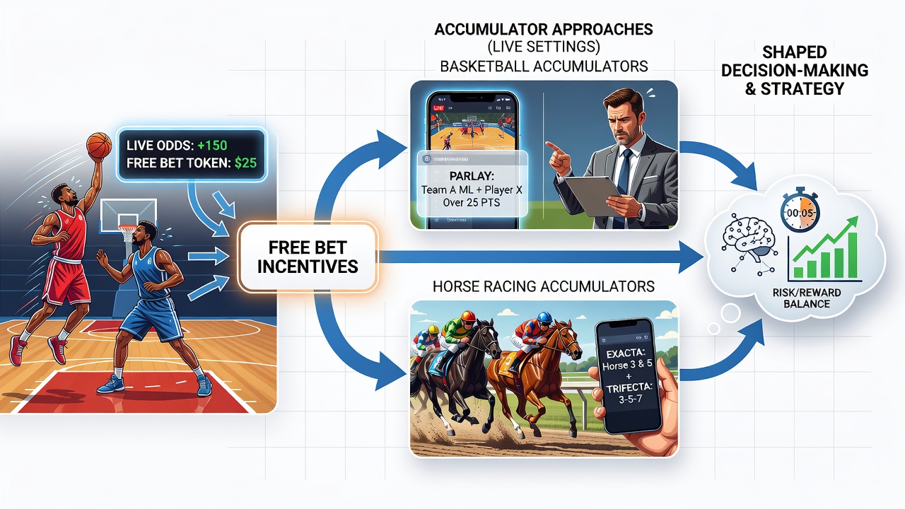 Horse racing and tennis live betting screens displaying accumulator builders with free bet eligibility markers