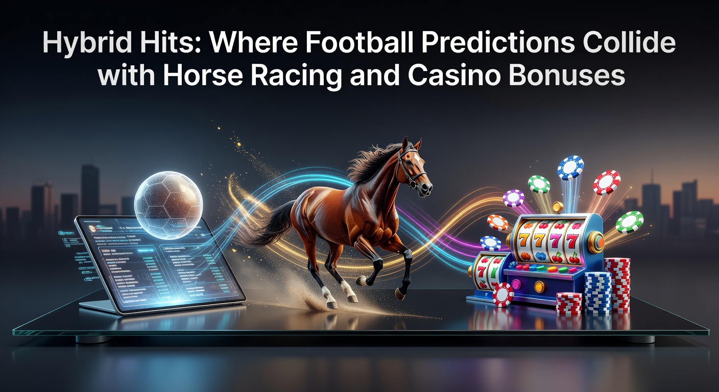 Vibrant scene of a horse race finish line blending with football stadium lights and casino chip stacks, symbolizing hybrid betting excitement