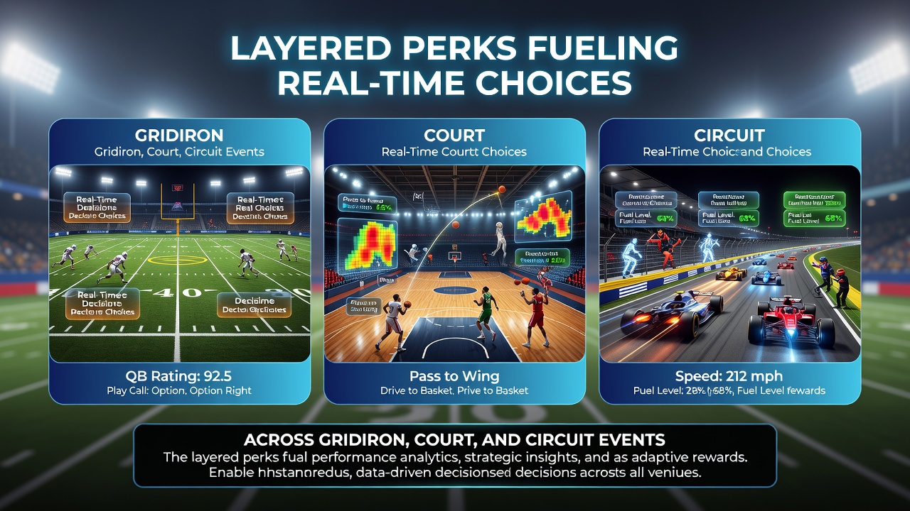 Real-time betting interfaces showing layered perks on court and circuit events