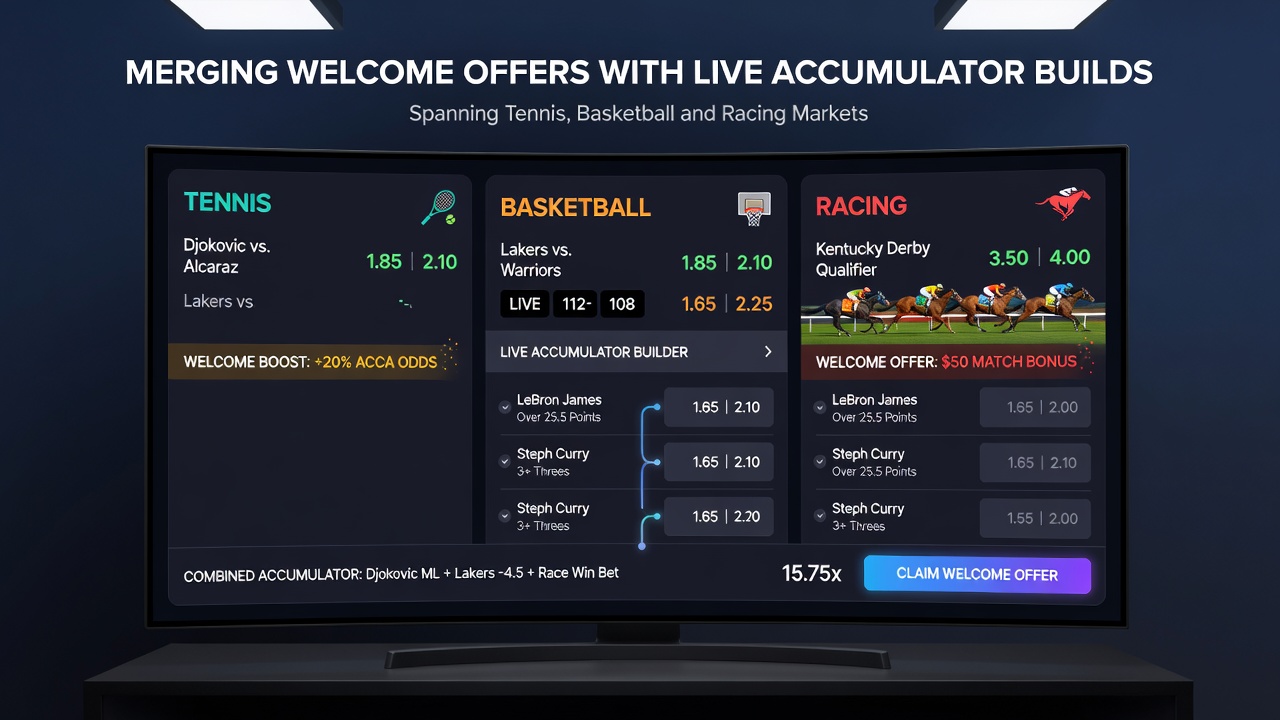 Live accumulator interface showing tennis, basketball, and racing markets with welcome offer indicators