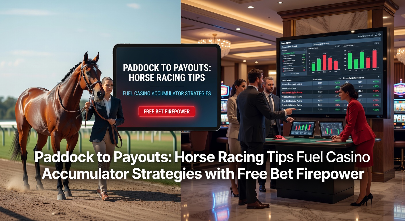 Dynamic graphic of stacked accumulator bet cards featuring horse icons, casino dice, and exploding free bet tokens against a racetrack backdrop