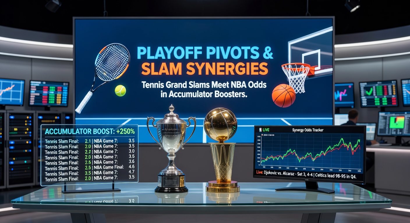 Collage of NBA playoff buzzer-beaters and intense Grand Slam rallies, illustrating the high-stakes fusion in boosted accumulator bets