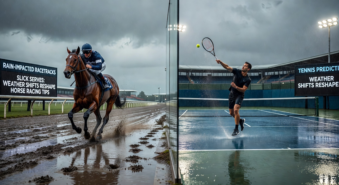 Tennis players slipping on a rain-glistened grass court during a match, with droplets visible on the net and baseline, capturing the chaos of weather-disrupted play