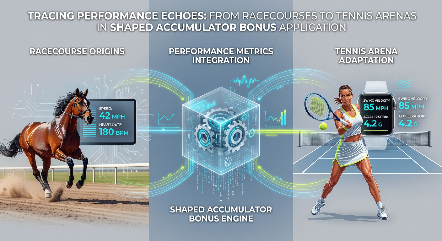 Tennis arena with overlay graphics illustrating accumulator bonus calculations and historical race data connections