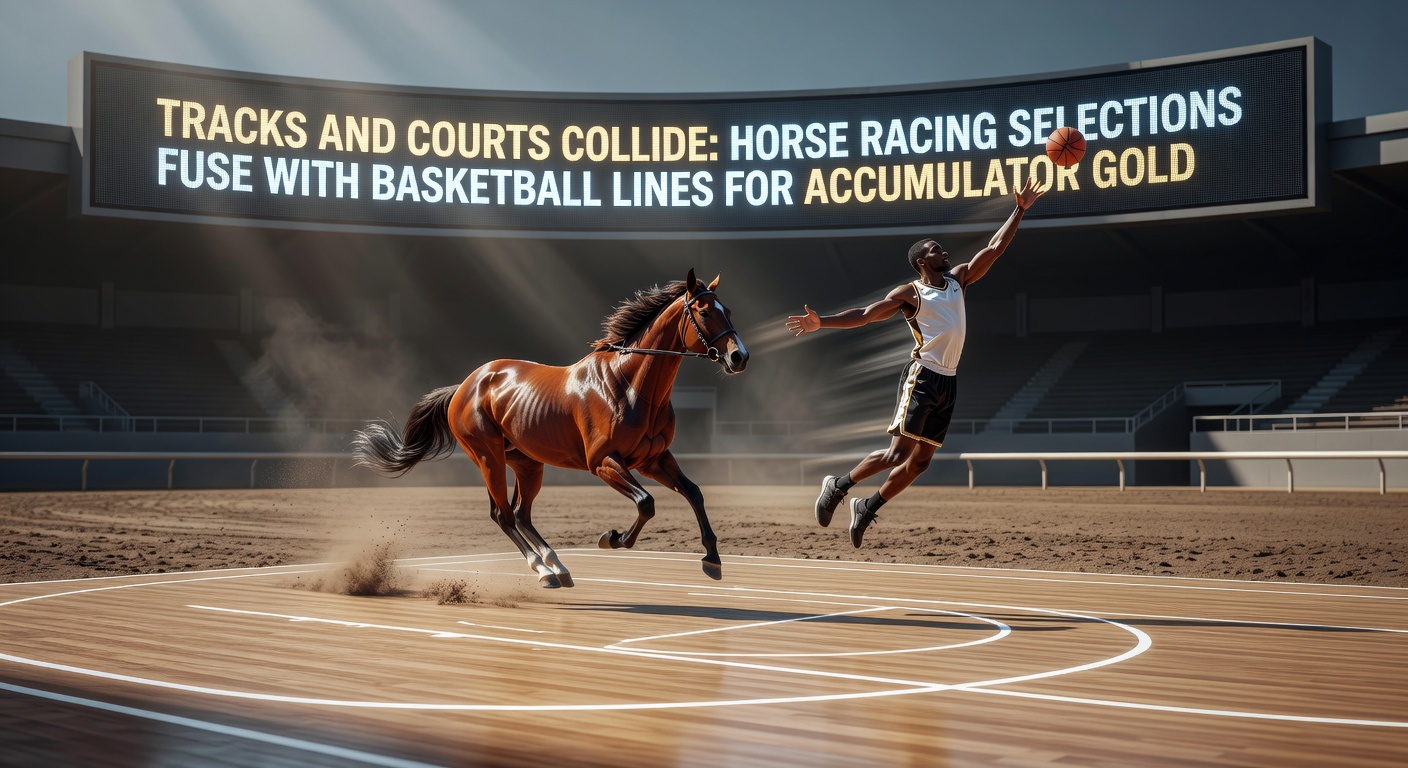 Close-up of a basketball player driving to the hoop during an NBA game, with digital overlays of betting odds and a horse racing form guide in the foreground