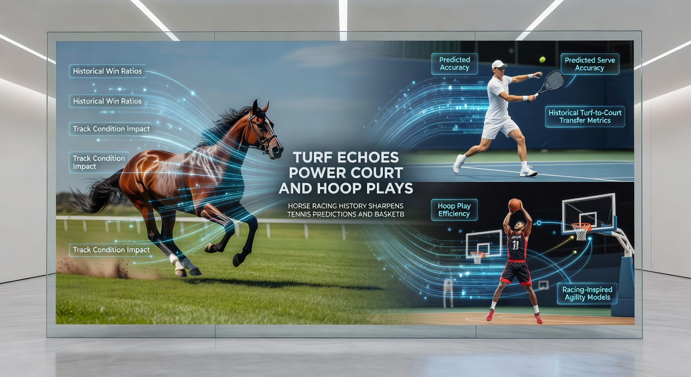 Data visualization chart linking horse racing pace graphs to tennis serve stats and basketball shot clocks